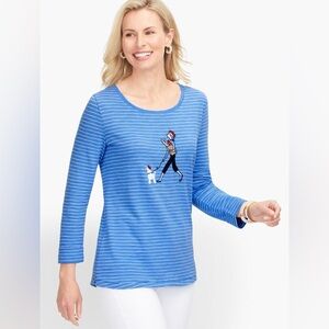 Talbots French Lady Embroidered Stripe Tee 3/4 Sleeve Blue Small
